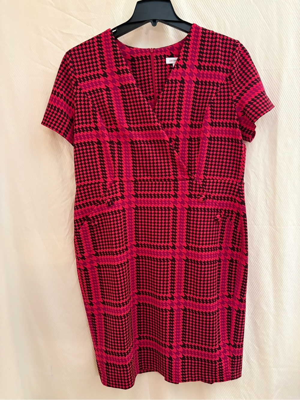 Liz Claiborne Hot Pink + Black Plaid Sheath Dress 16 EUC